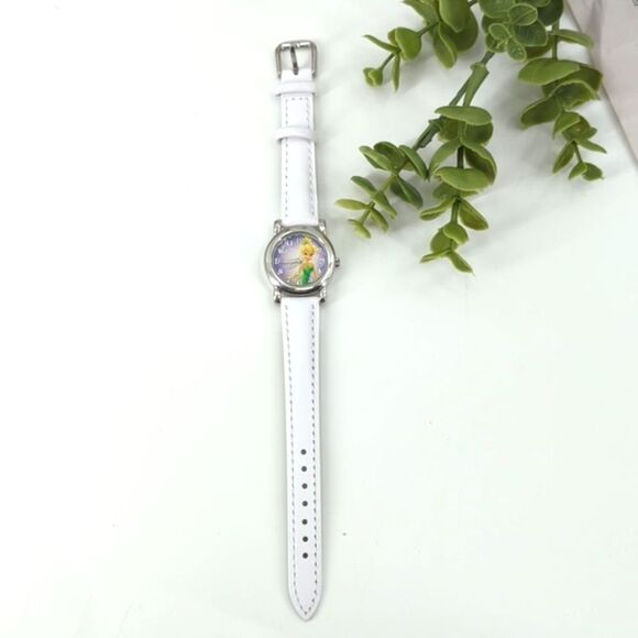Disney Tinkerbell Watch Silver Purple New White Leather Band - Picture 2 of 4